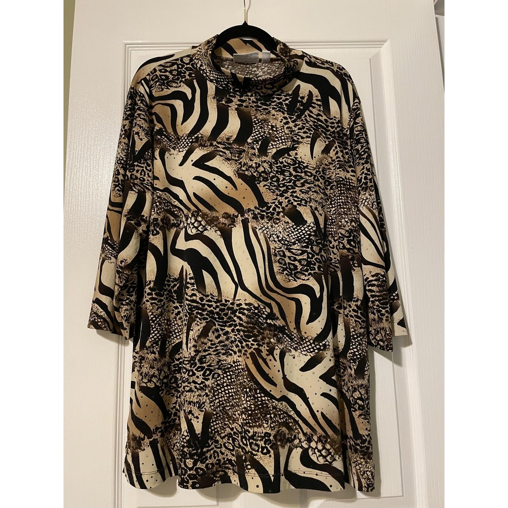 Susan Graver Blouse Womens XL Brown Animal Mock Neck 3/4 Sleeve Sequin Tunic Top
